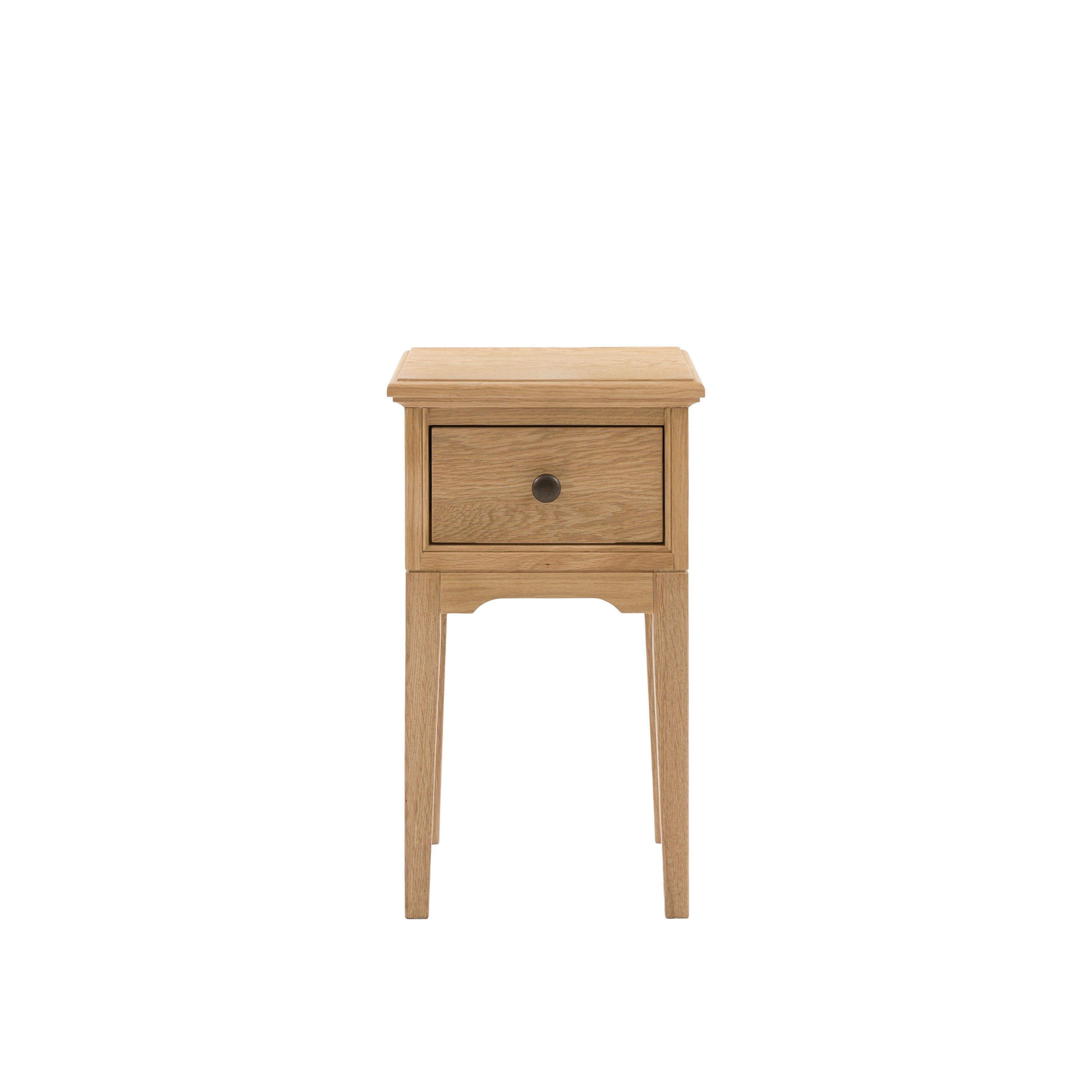 Oak bedside table with a single 1 drawer on a white background