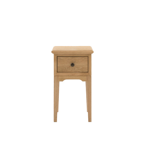 Oak bedside table with a single 1 drawer on a white background