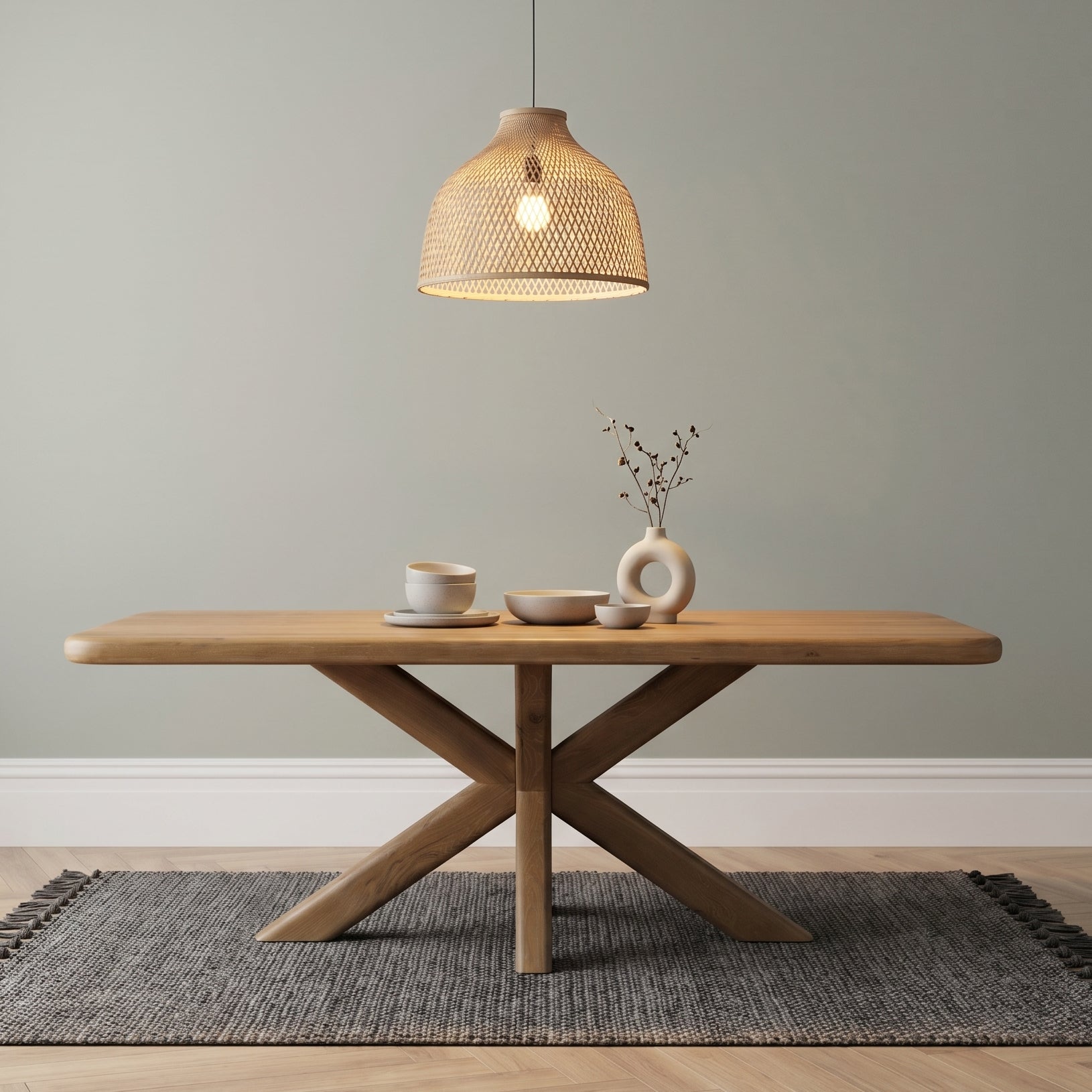 Wooden dining table with decorative items under a woven pendant light against a plain wall.