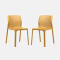Two yellow chairs with a mesh backrest and seat design on a grey background