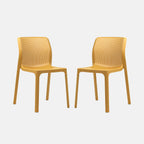 Two yellow chairs with a mesh backrest and seat design on a grey background