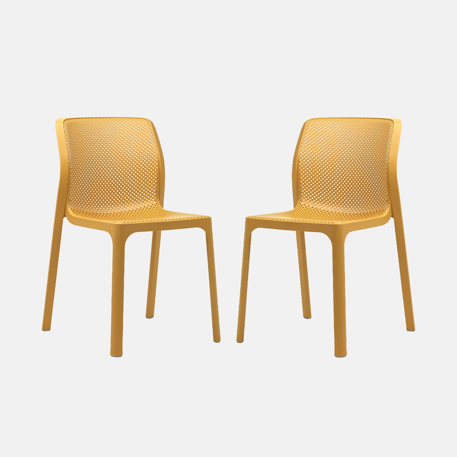 Two yellow chairs with a mesh backrest and seat design on a grey background