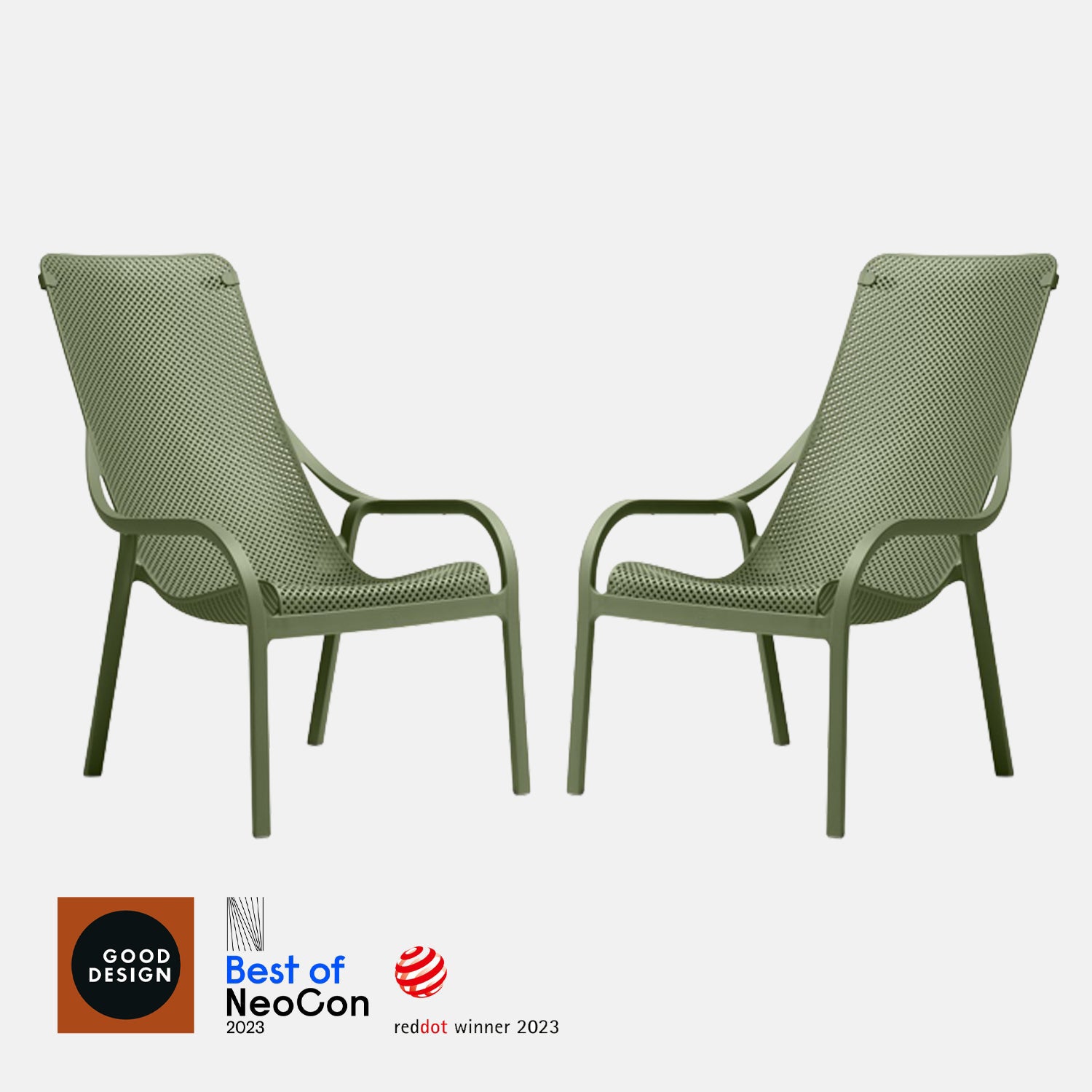 Two agave net lounge chairs on a white background with design awards below.