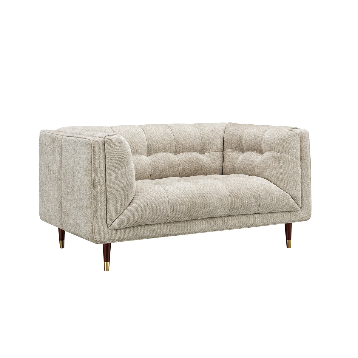 A modern two-seater loveseat sofa upholstered in a textured light beige fabric, featuring tufted button detailing on the backrest and seat, with tapered dark wood legs and gold metal tips, shown against a plain white background.