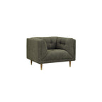 A modern accent chair upholstered in textured olive green fabric with tufted back cushions and tapered gold metal legs, shown against a plain white background.