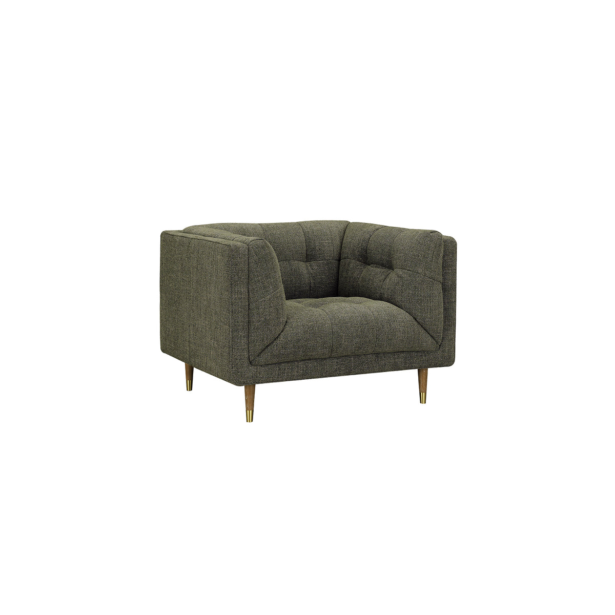 A modern accent chair upholstered in textured olive green fabric with tufted back cushions and tapered gold metal legs, shown against a plain white background.
