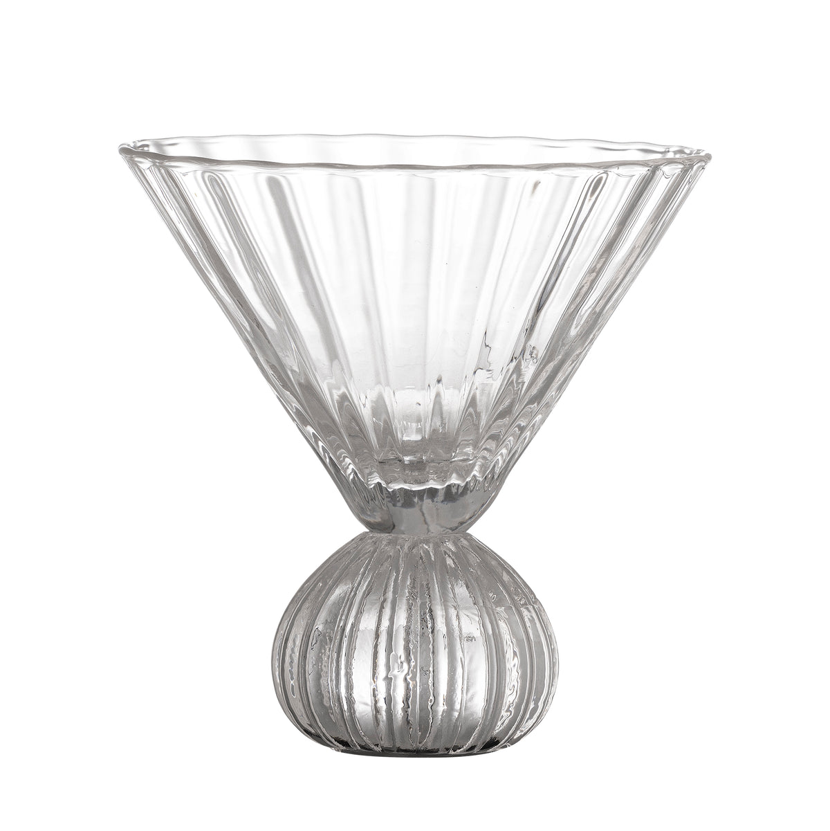 Clear glass martini glass with ribbed design on a white background