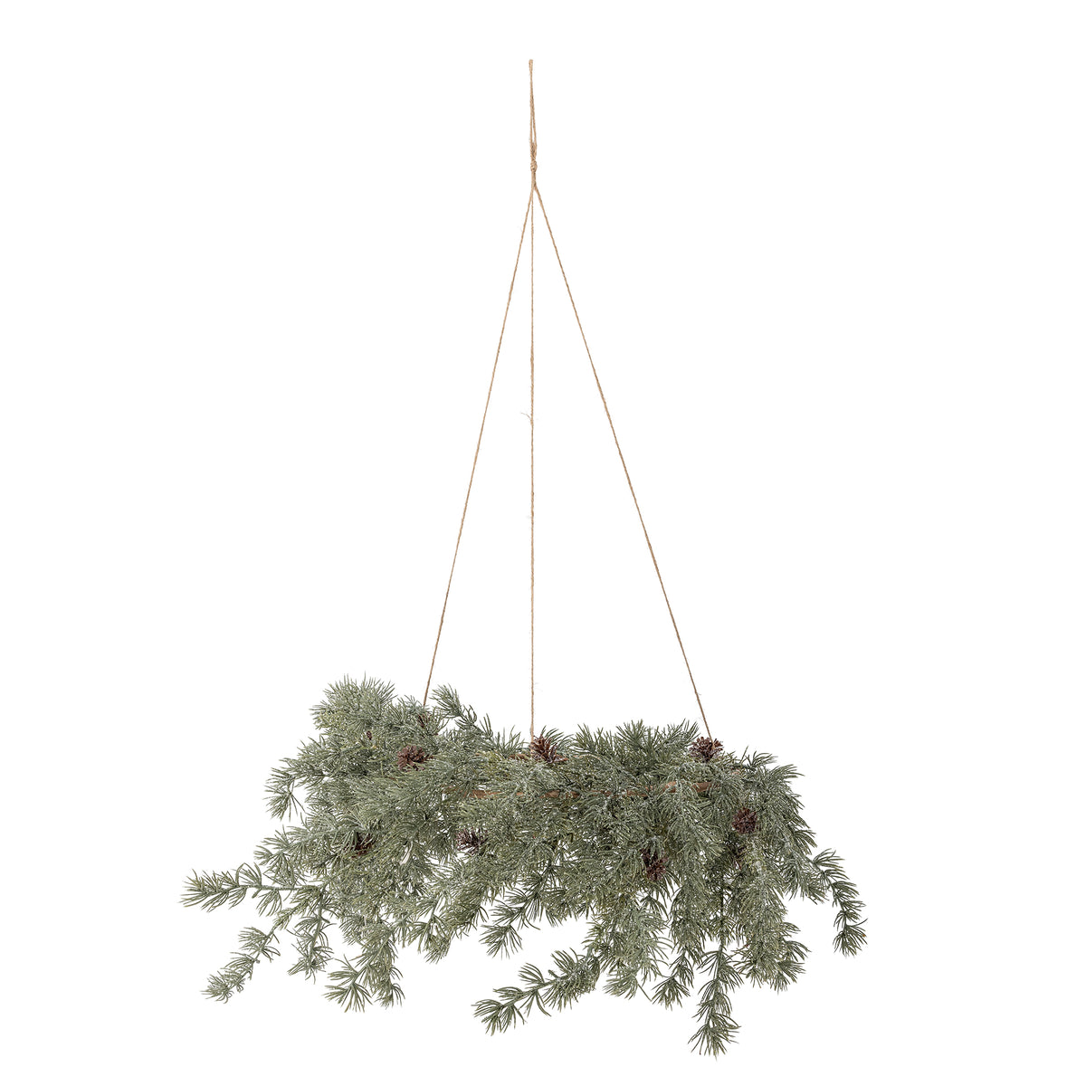 Hanging artificial Christmas garland with pine cones on a white background