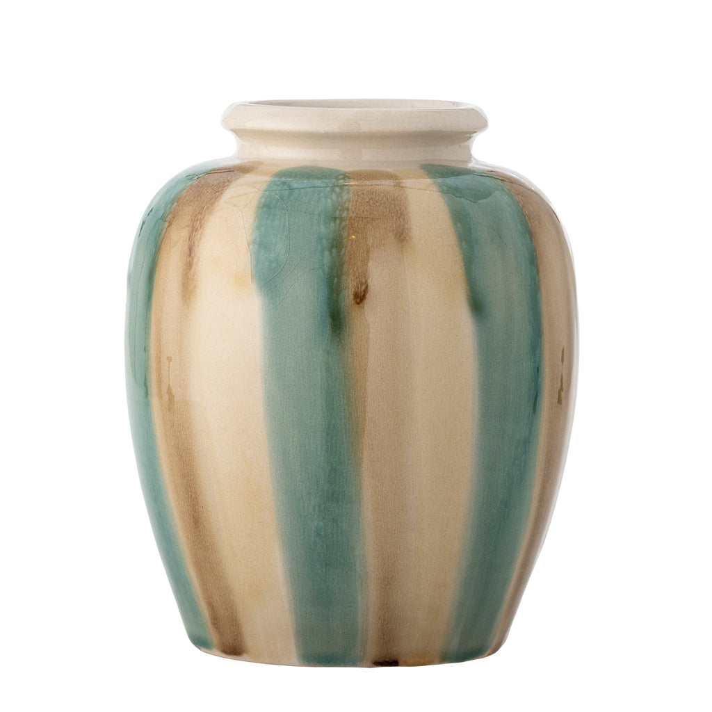 Beige Glazed Vase With Green Stipes - Hand Painted Stoneware