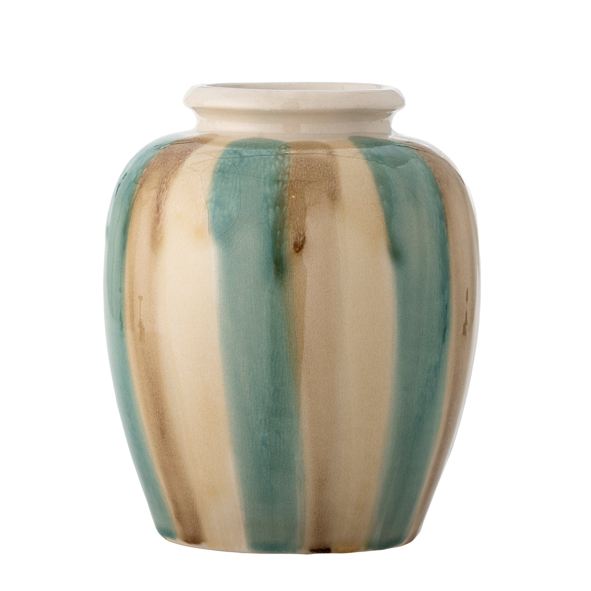 Beige Glazed Vase With Green Stipes - Hand Painted Stoneware