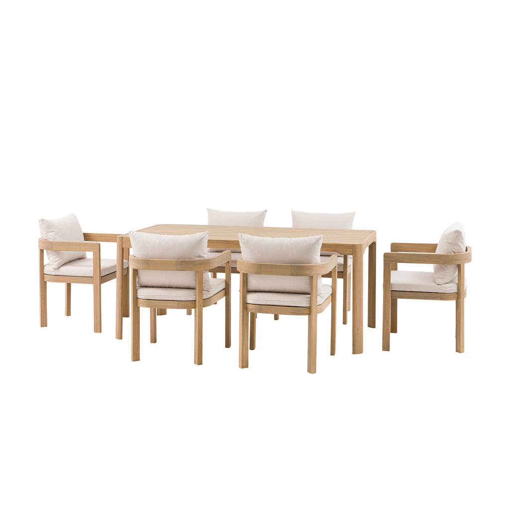Dining package for the garden with table and 6 chairs on a white backdrop
