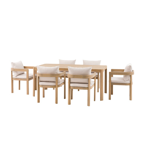Dining package for the garden with table and 6 chairs on a white backdrop