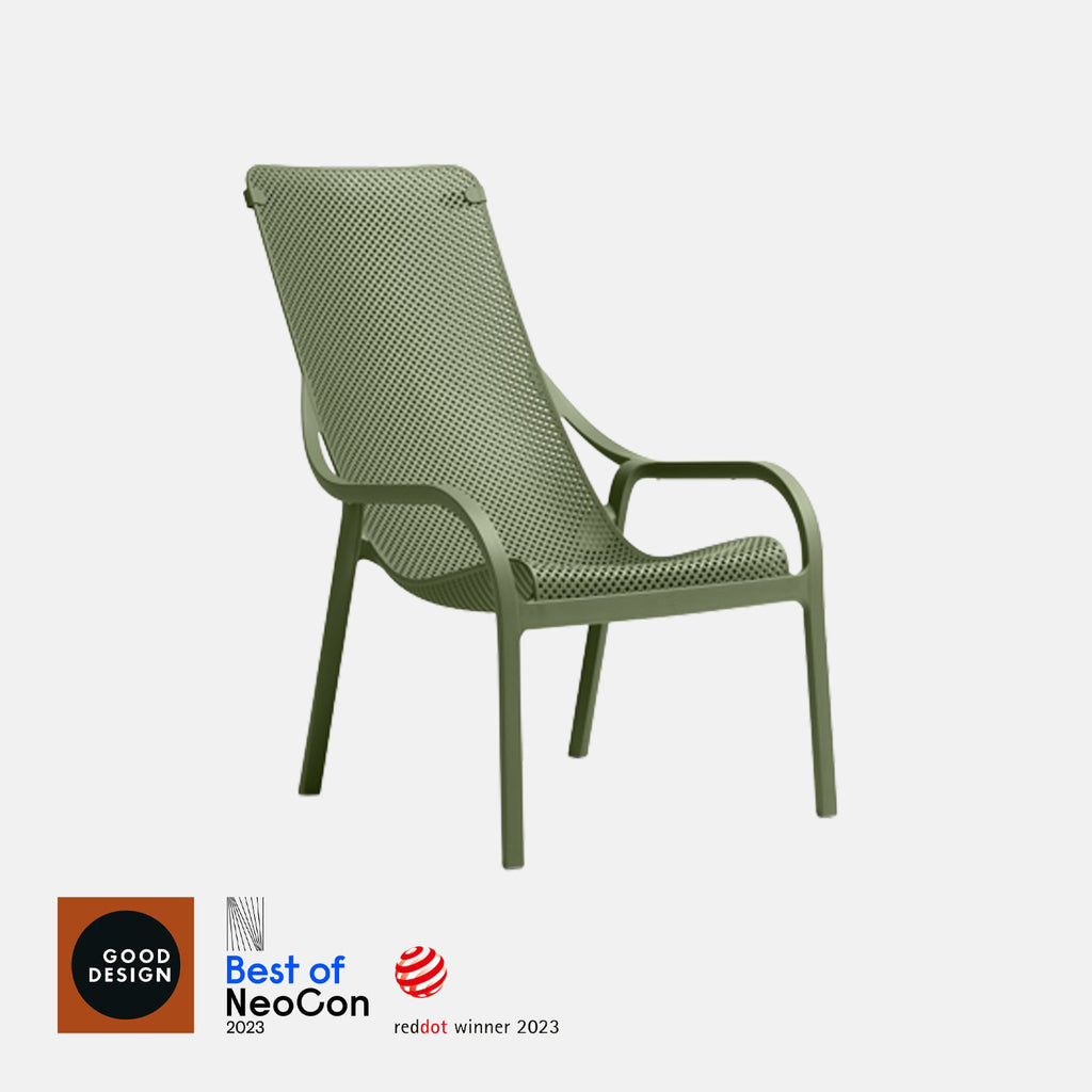 Agave green net lounge chair with design awards on a white background