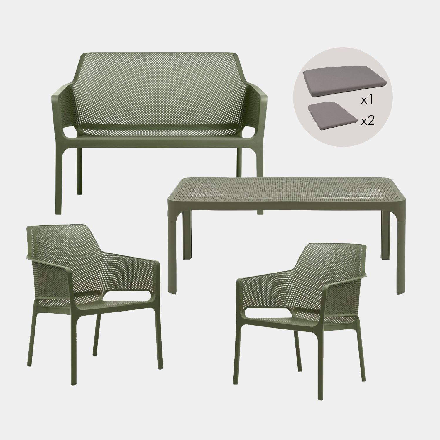 Nardi Garden Set - Net Table, Bench, x2 Net Relax Chairs & Cushions