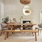 White solid oak dining table and bench set with mix and match upholstered dining chairs