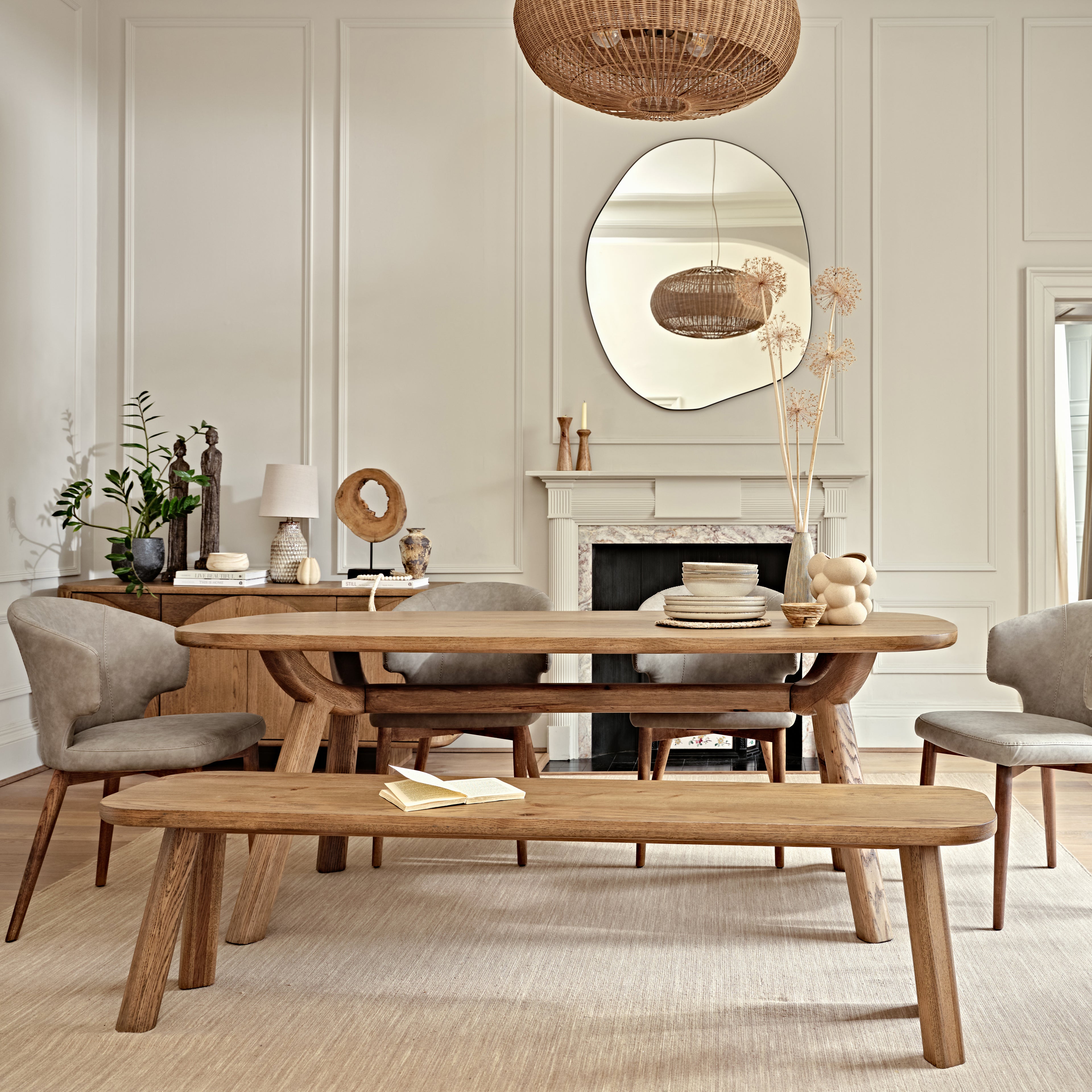 White solid oak dining table and bench set with mix and match upholstered dining chairs