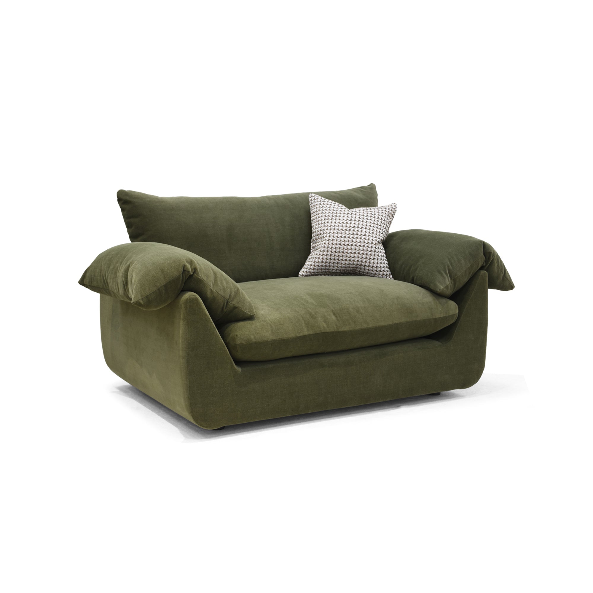 Bayswater Cuddle Chair In Matt Chenille Olive With Scatter Cushion