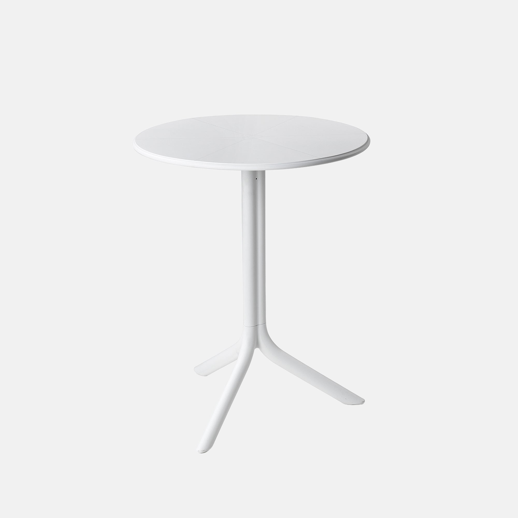 White round recyclable garden table on a light grey background