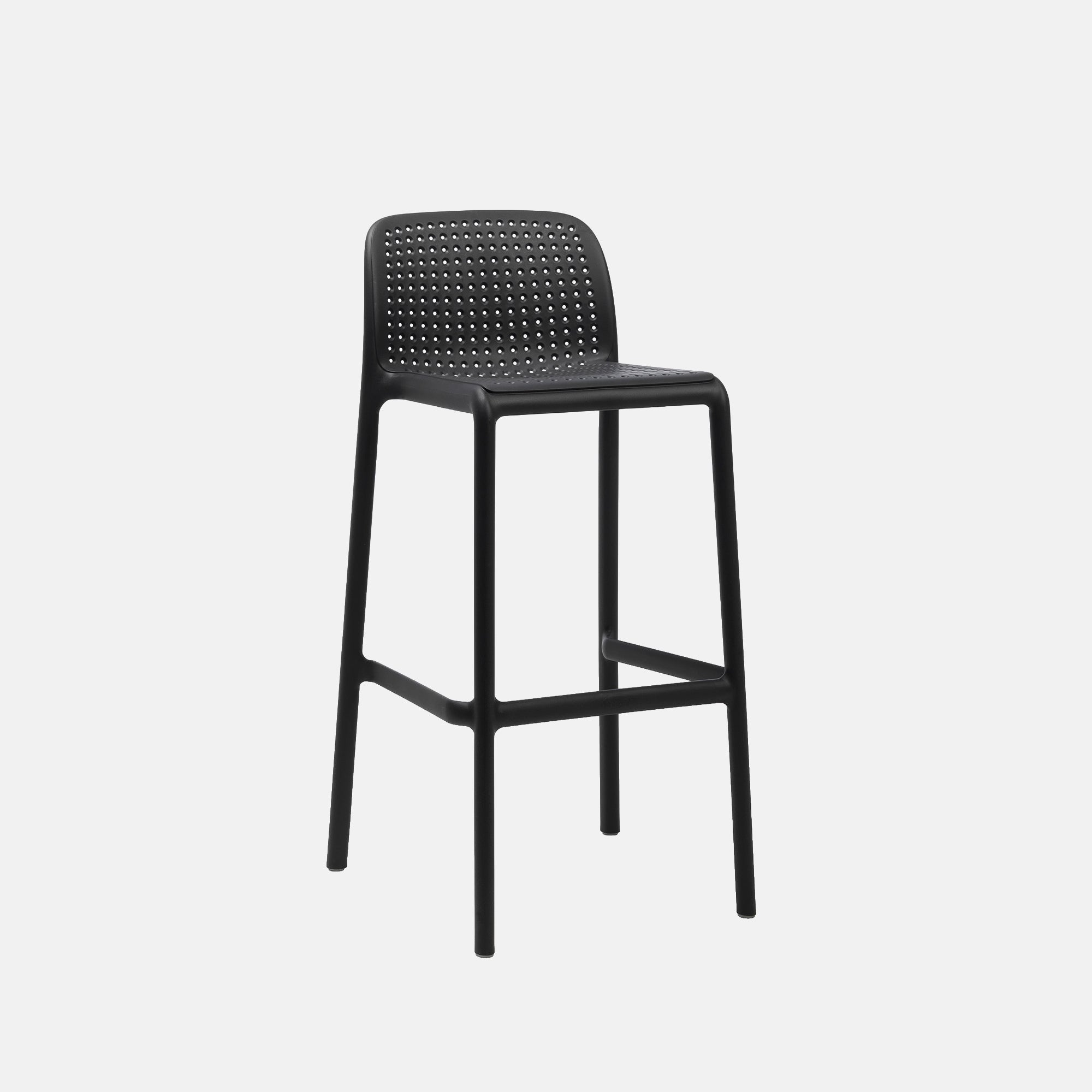Black stackable Lido bar stool with woven seat design on a light grey background