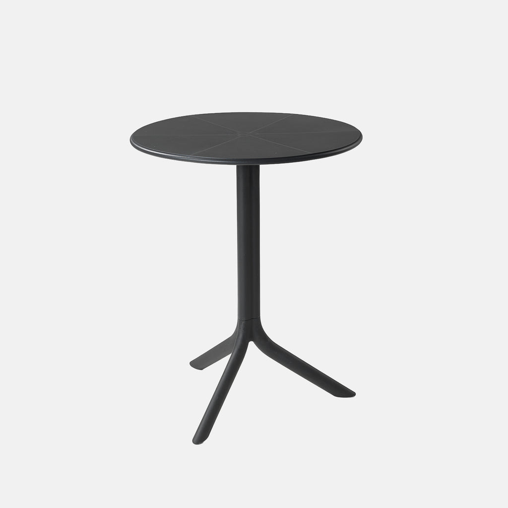 Black round Spritz table with three legs on a white background