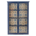 Blue wall-mounted hanging cabinet with two doors and modern minimalist design.