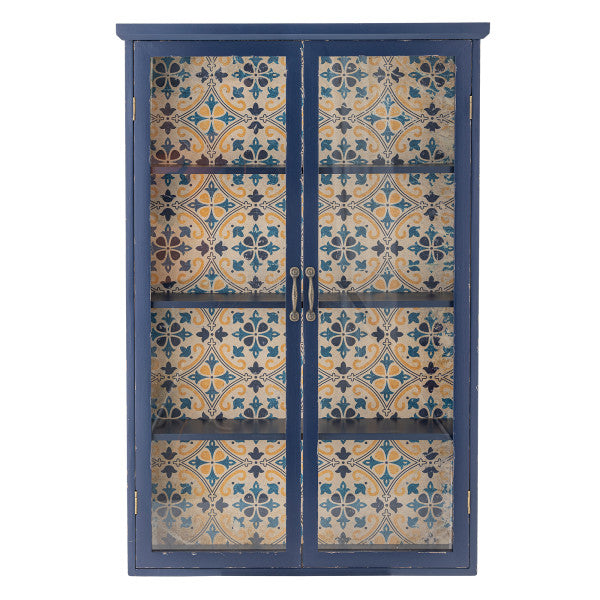 Blue wall-mounted hanging cabinet with two doors and modern minimalist design.