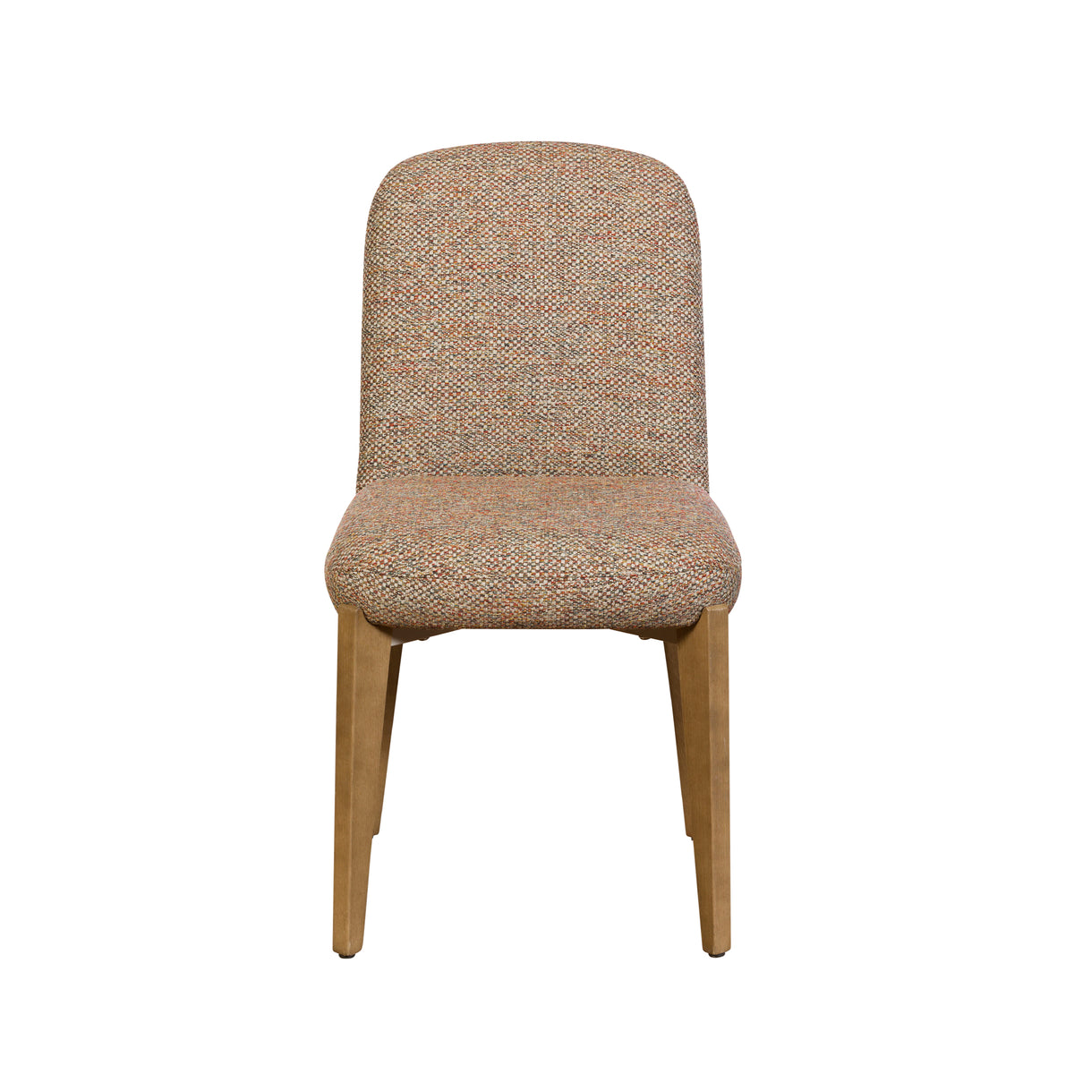 A modern dining chair with a textured, woven herringbone fabric upholstered seat and backrest, supported by four tapered natural wood legs, shown against a plain white background.