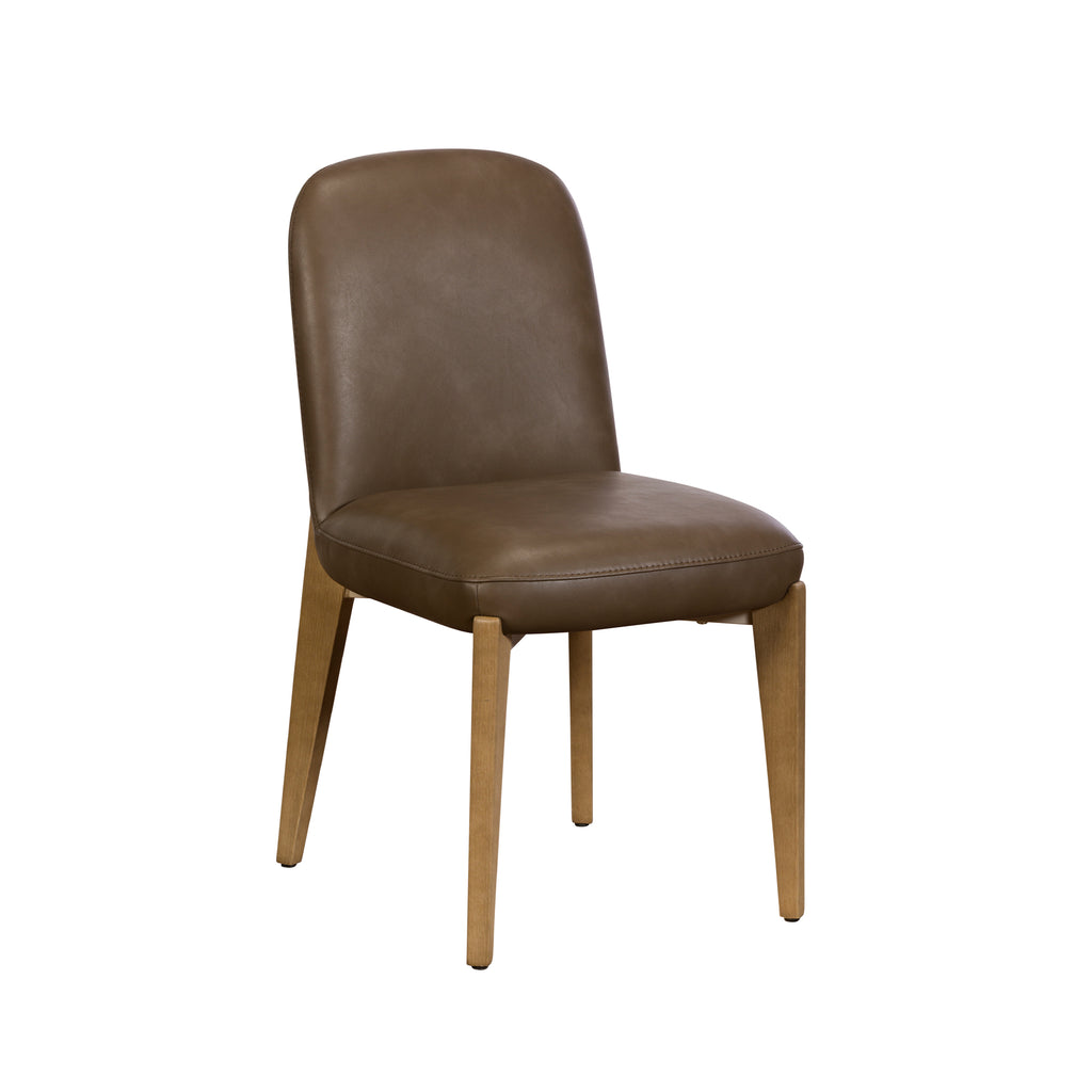 A modern dining chair with a brown upholstered faux leather seat and backrest, supported by four tapered light wood legs, shown against a plain white background.