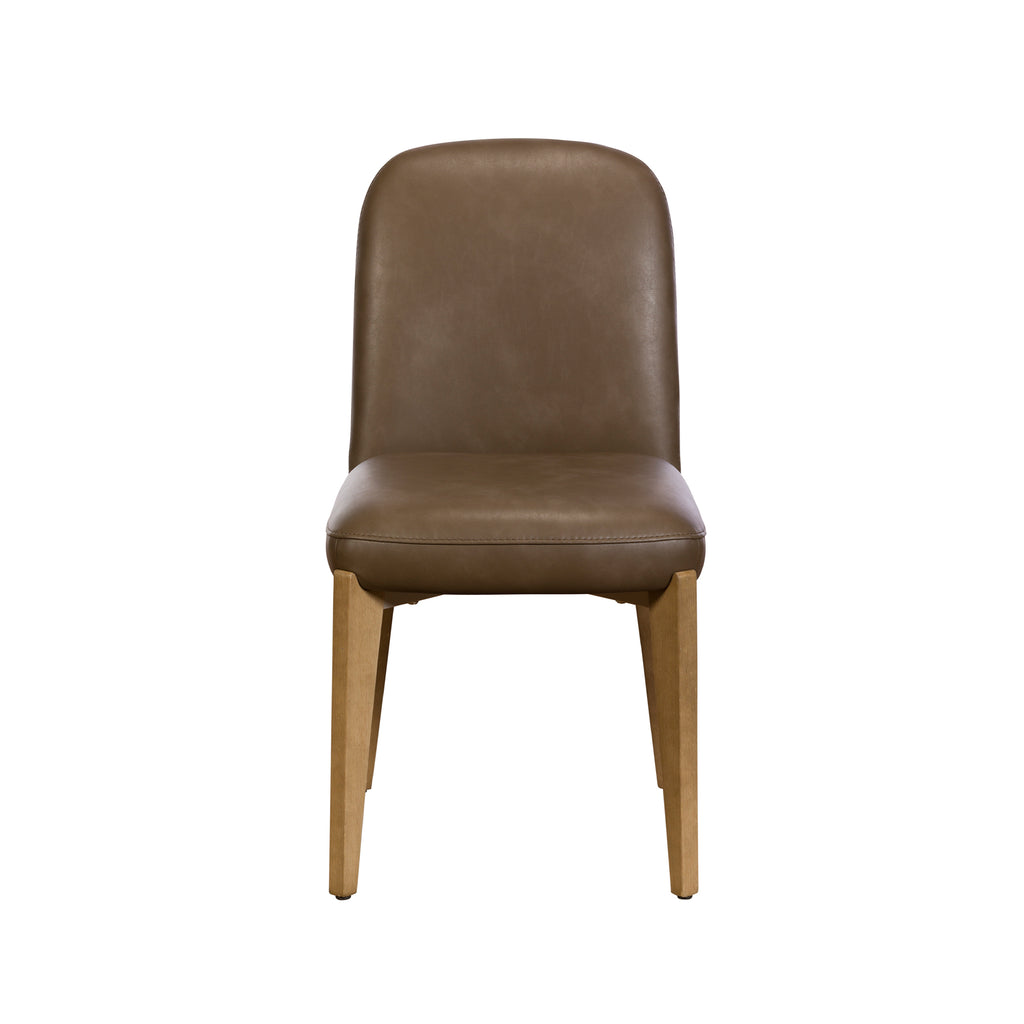 Porter brown faux-leather upholstered dining chair seat and backrest, supported by four light wood legs, shown against a plain white background.
