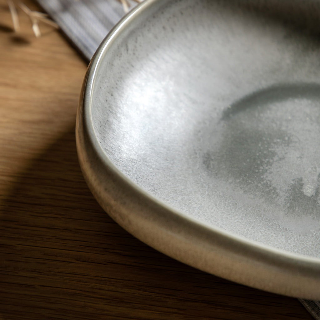 A glaze finish pasta bowl in dove grey, perfect for pasta, soups, and salads.