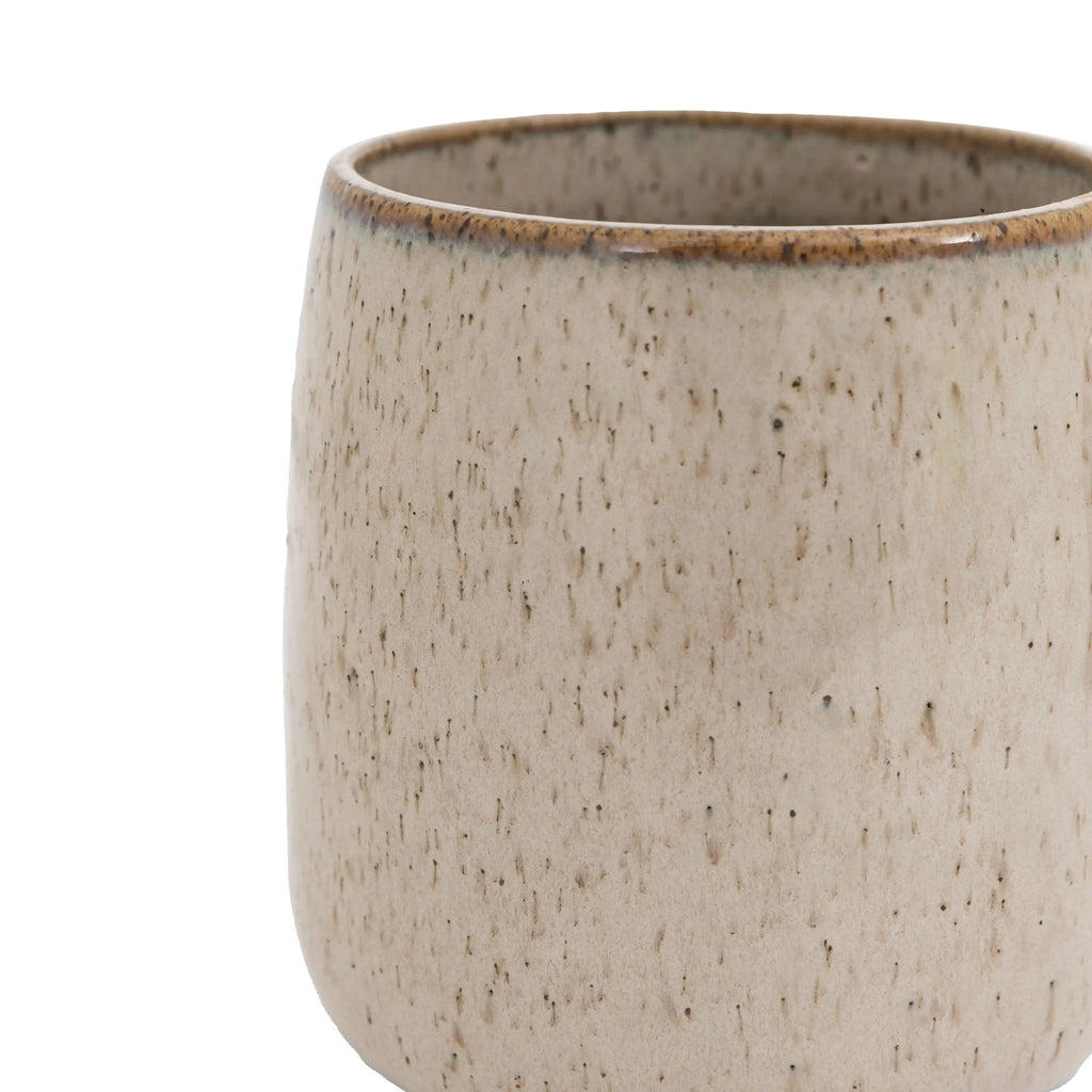 Modern white oatmeal mug styled in kitchen setting