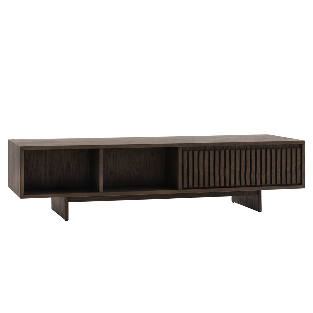 Walnut entertainment coffee table with open shelves