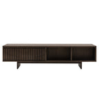 Walnut entertainment console with open shelves on a white background