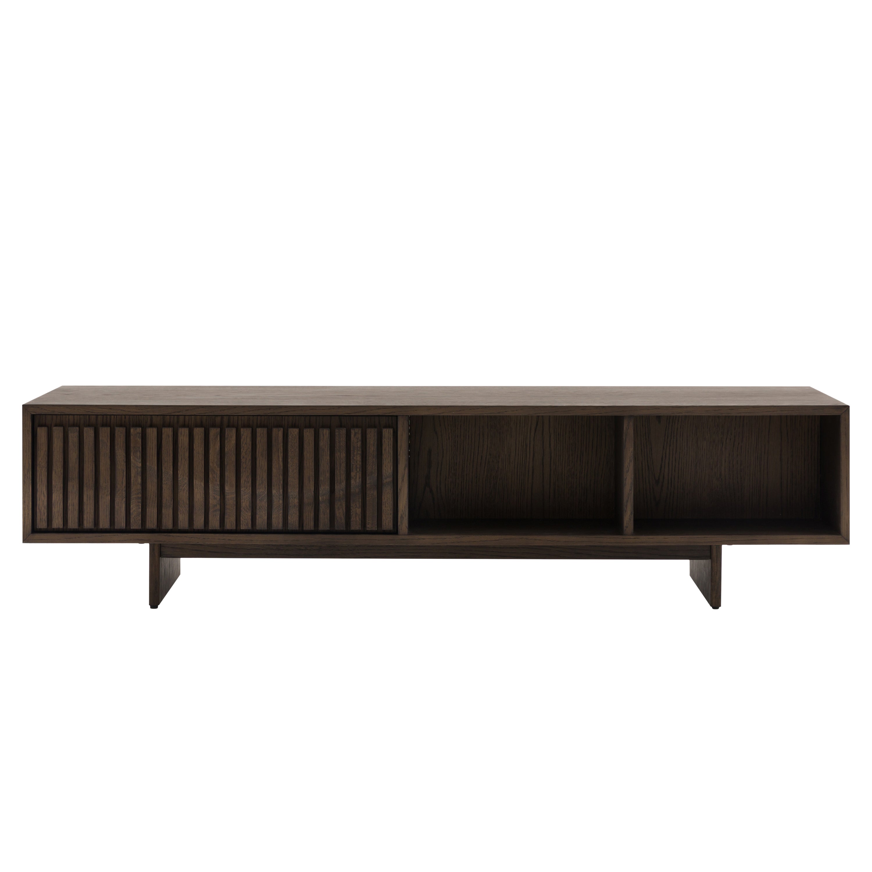 Walnut entertainment console with open shelves on a white background
