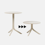 Two white garden side tables with a minimalist design on a white background