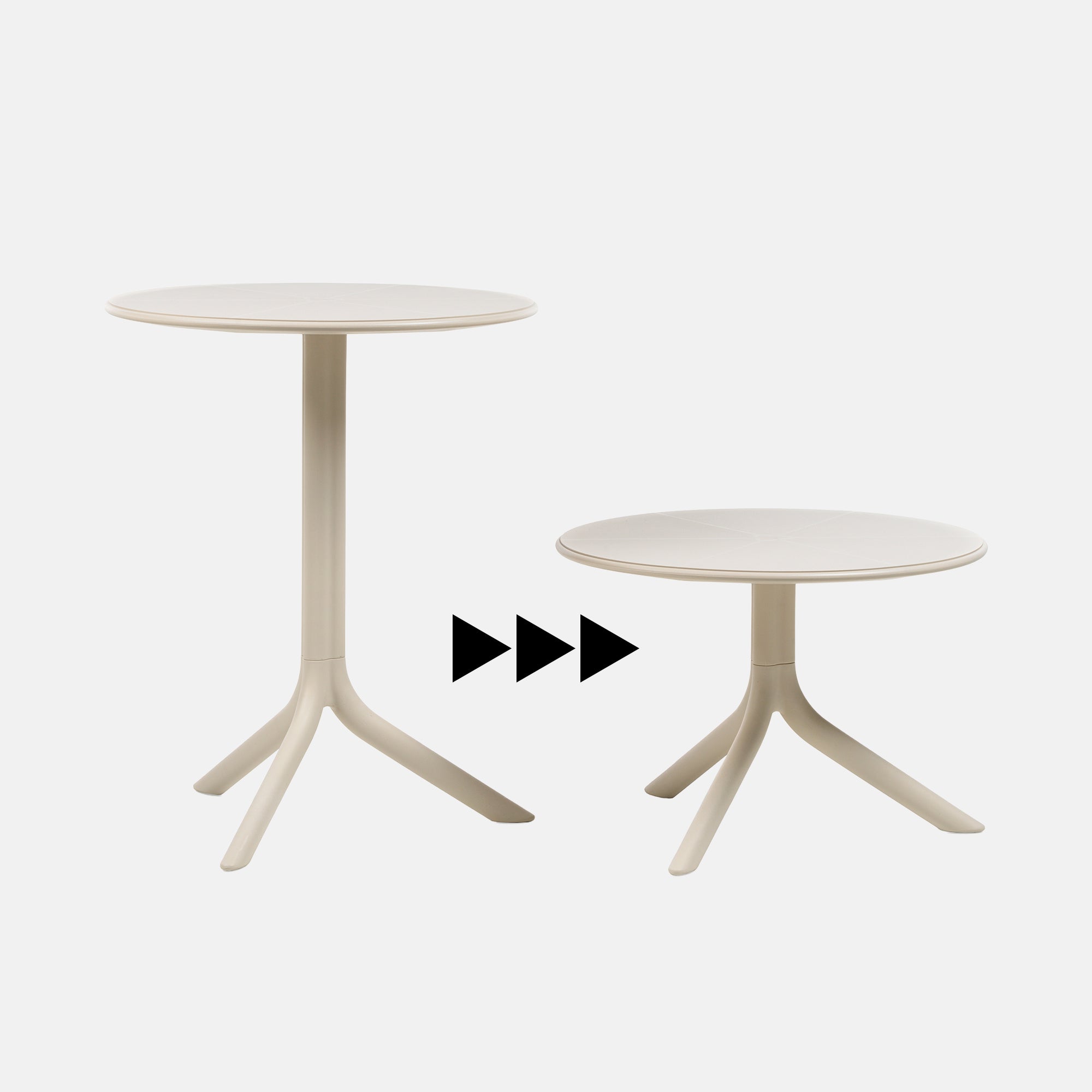 Two white garden side tables with a minimalist design on a white background