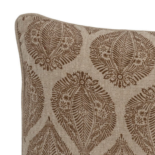 Close up of the brown leaf cushion in the colour brown design