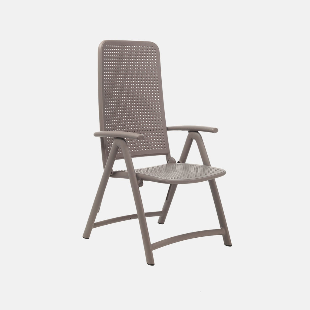 Darsena reclines and then folds into a storable chair. Available in 3 colour finishes.