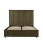 An upholstered bed frame with a tall, vertically channel-tufted headboard in an olive green fabric, supported by a slatted base, shown against a plain white background.
