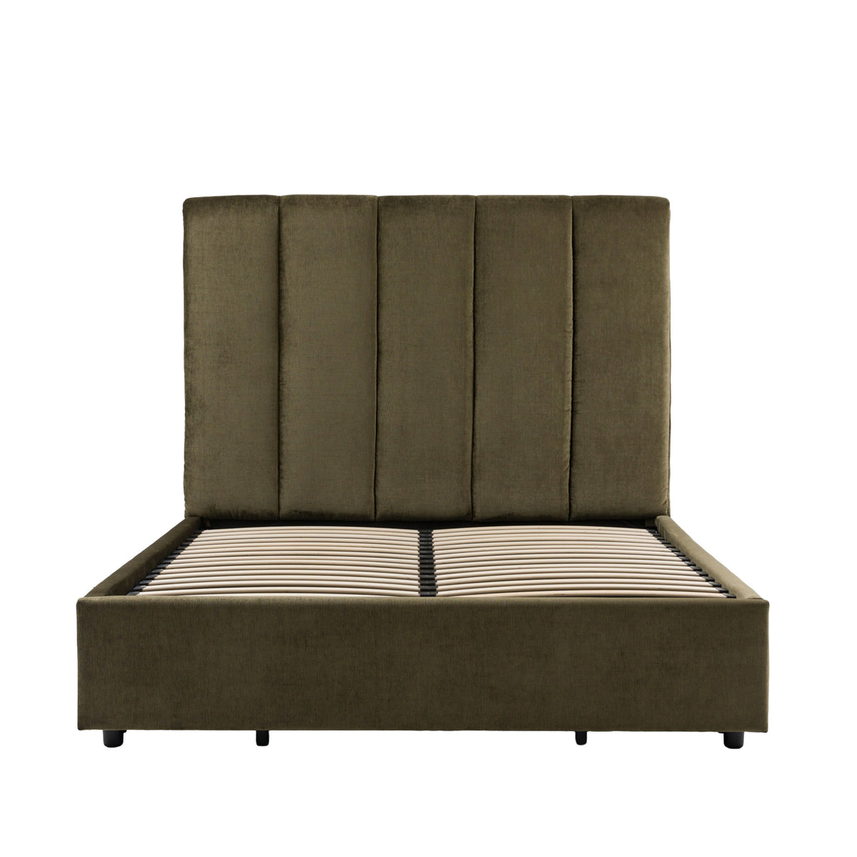 An upholstered bed frame with a tall, vertically channel-tufted headboard in an olive green fabric, supported by a slatted base, shown against a plain white background.