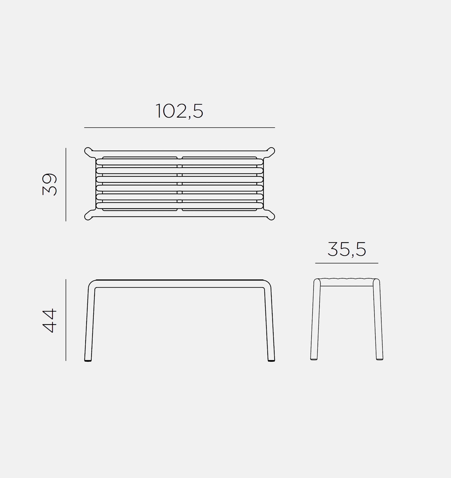 Technical dimension diagram of the modern minimalist Doga bench, showing measurements of 102,5, 39, 44, and 35,5 on a light grey background.