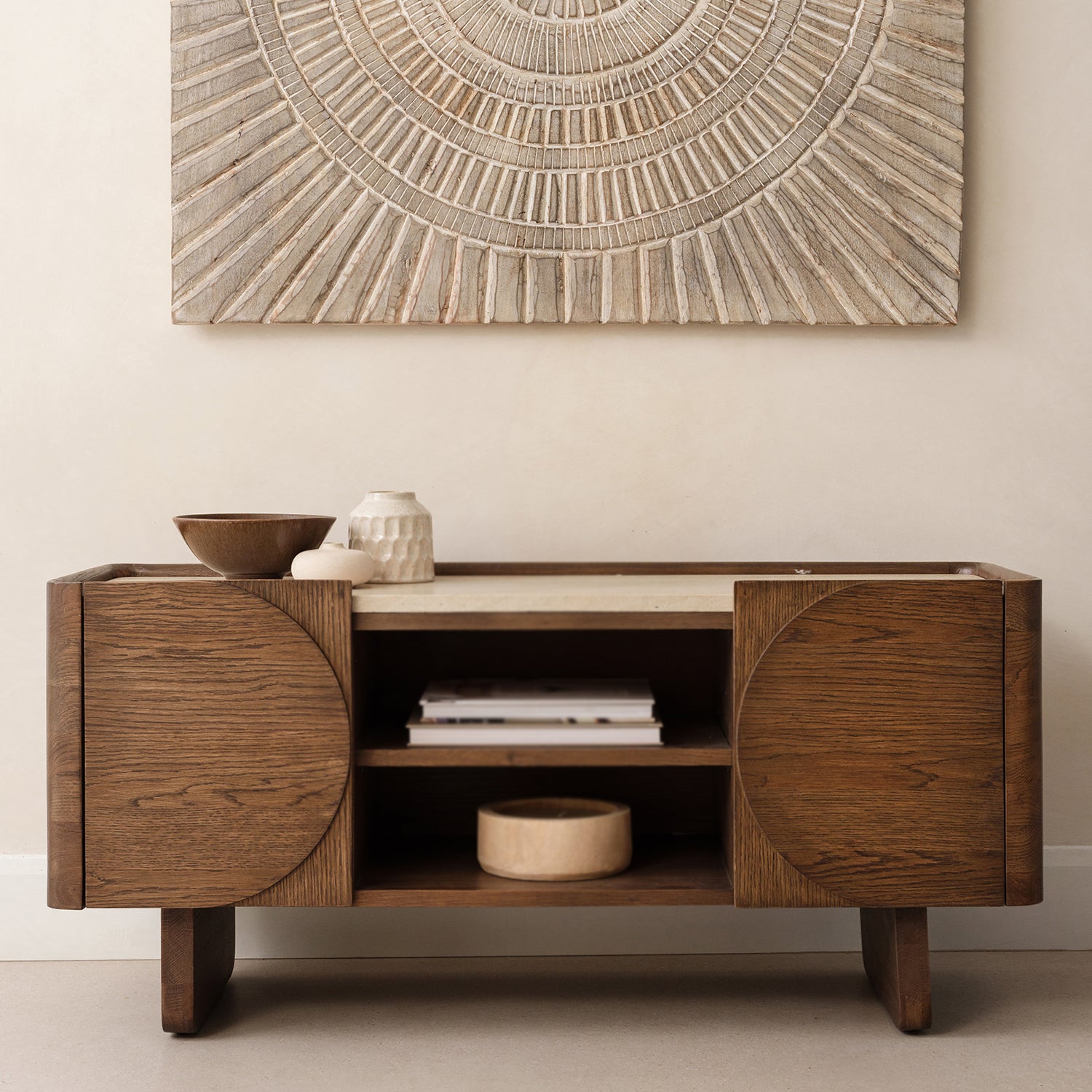 Small oak wood tv cabinet in a modern home