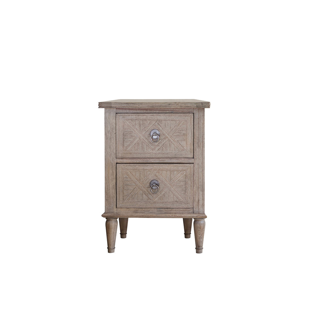 Faringdon 2 Drawer Bedside Table with elegant parquet wood top design and turned feet, perfect for bedroom storage and display