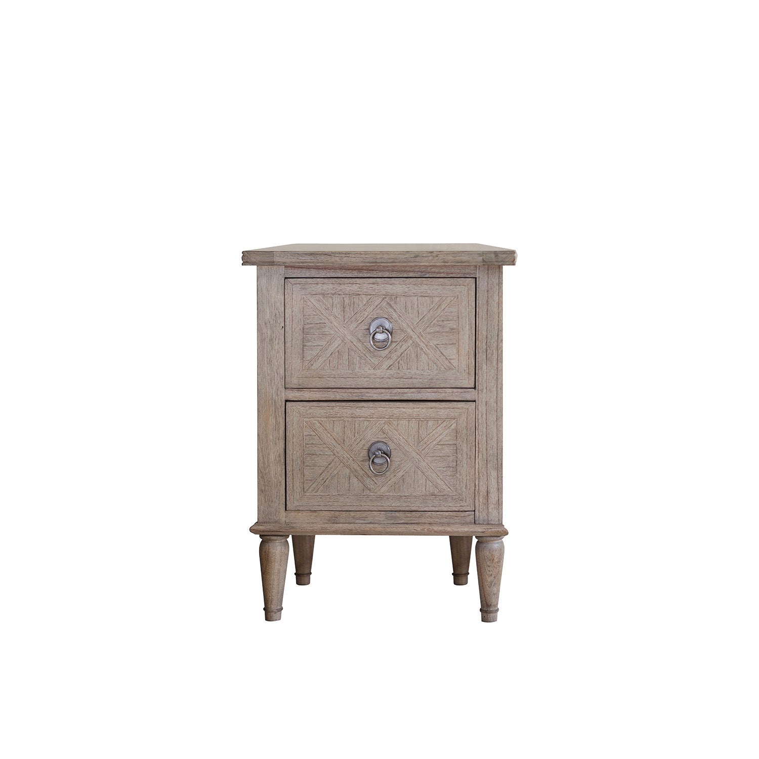 Faringdon 2 Drawer Bedside Table with elegant parquet wood top design and turned feet, perfect for bedroom storage and display