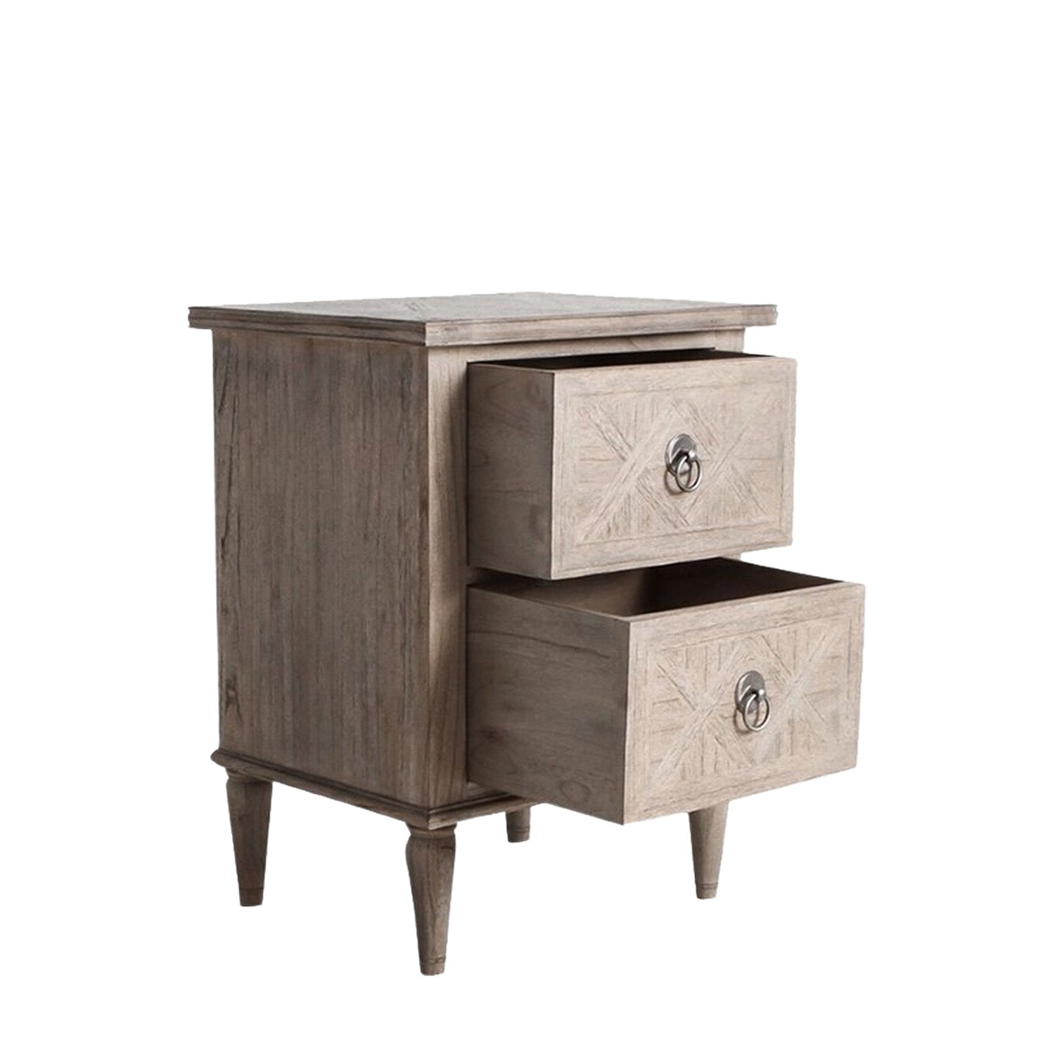 Open drawer of Faringdon Bedside Table showing the interior construction, smooth drawer slides, and storage capacity for personal items and bedside necessities