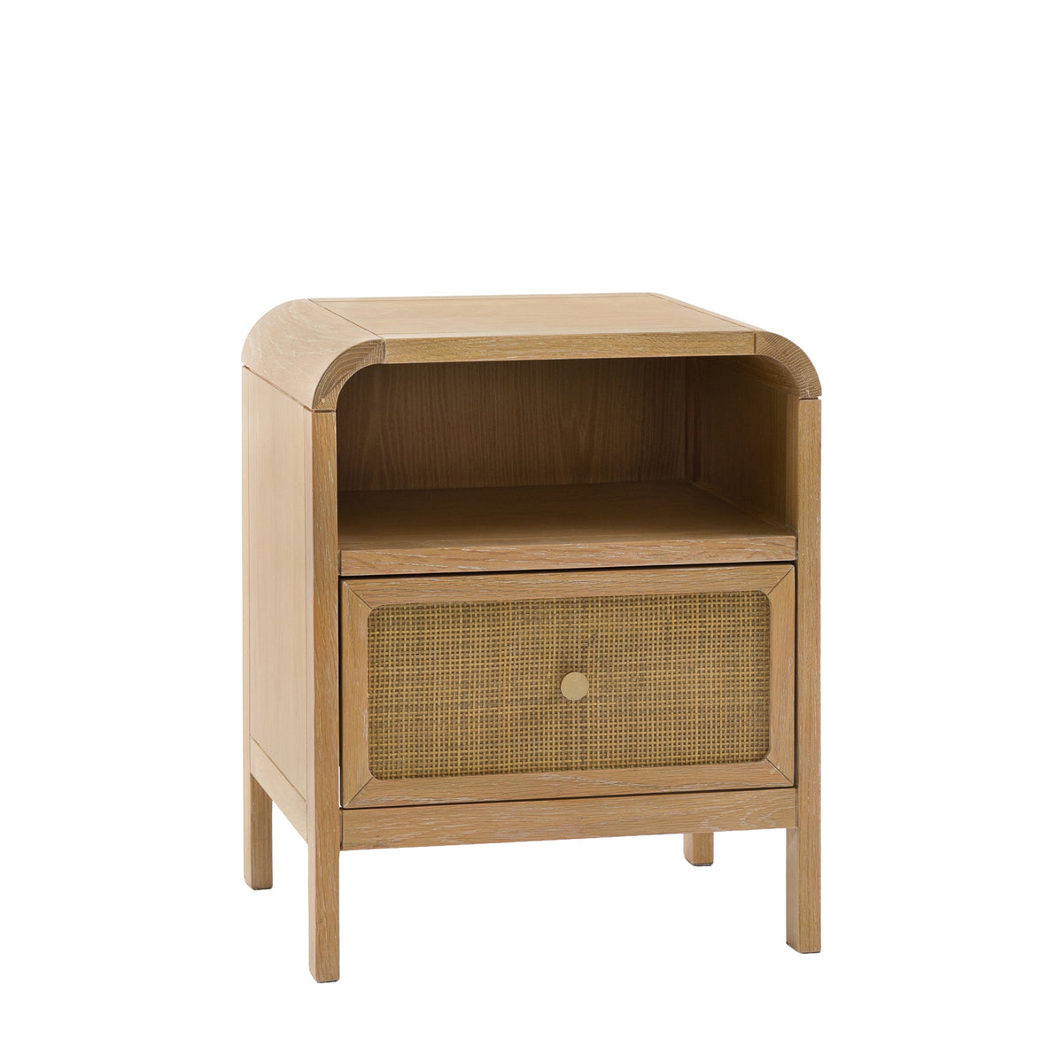 Kingham Wooden nightstand with wicker door on a white background