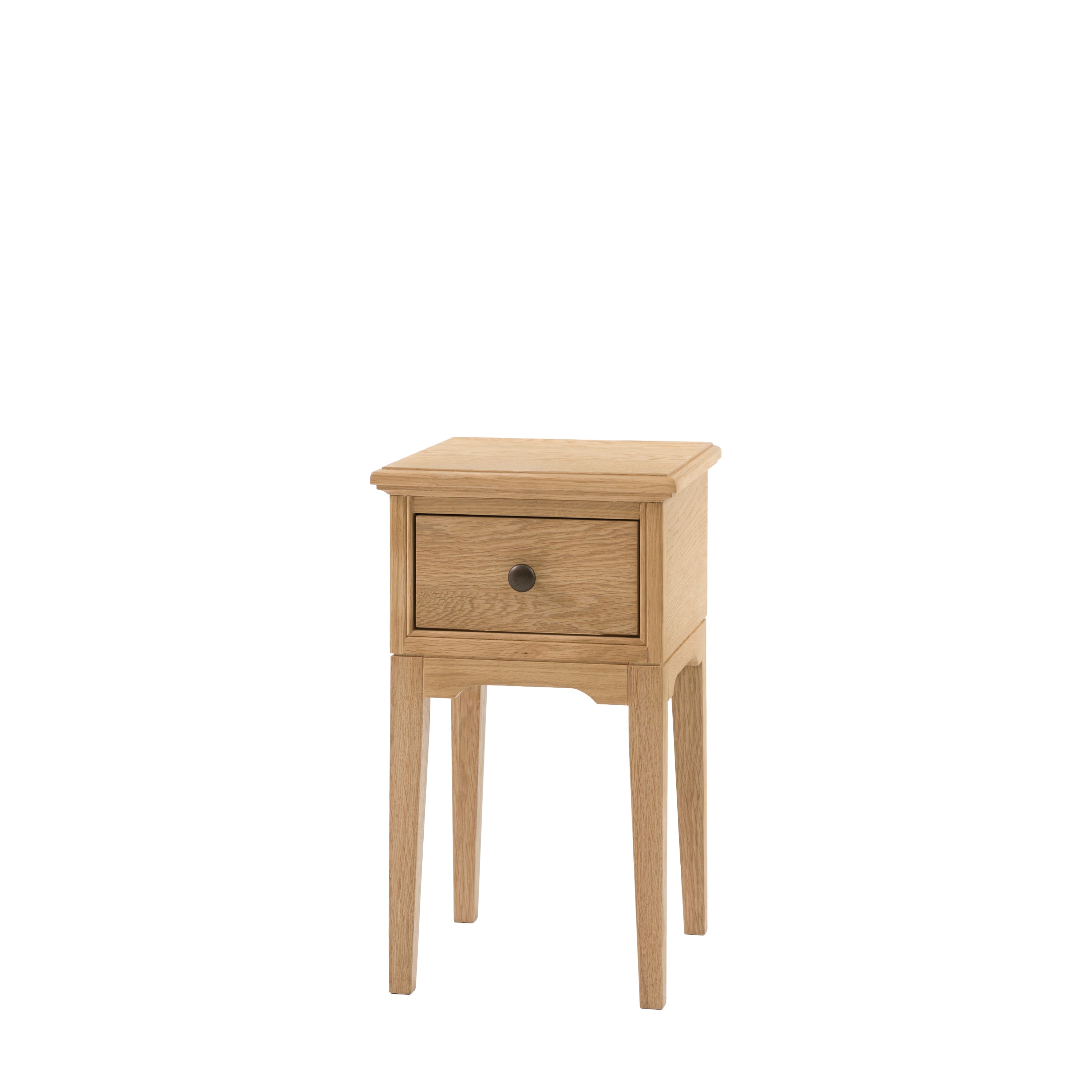 Wooden bedside table with a single drawer on a white background
