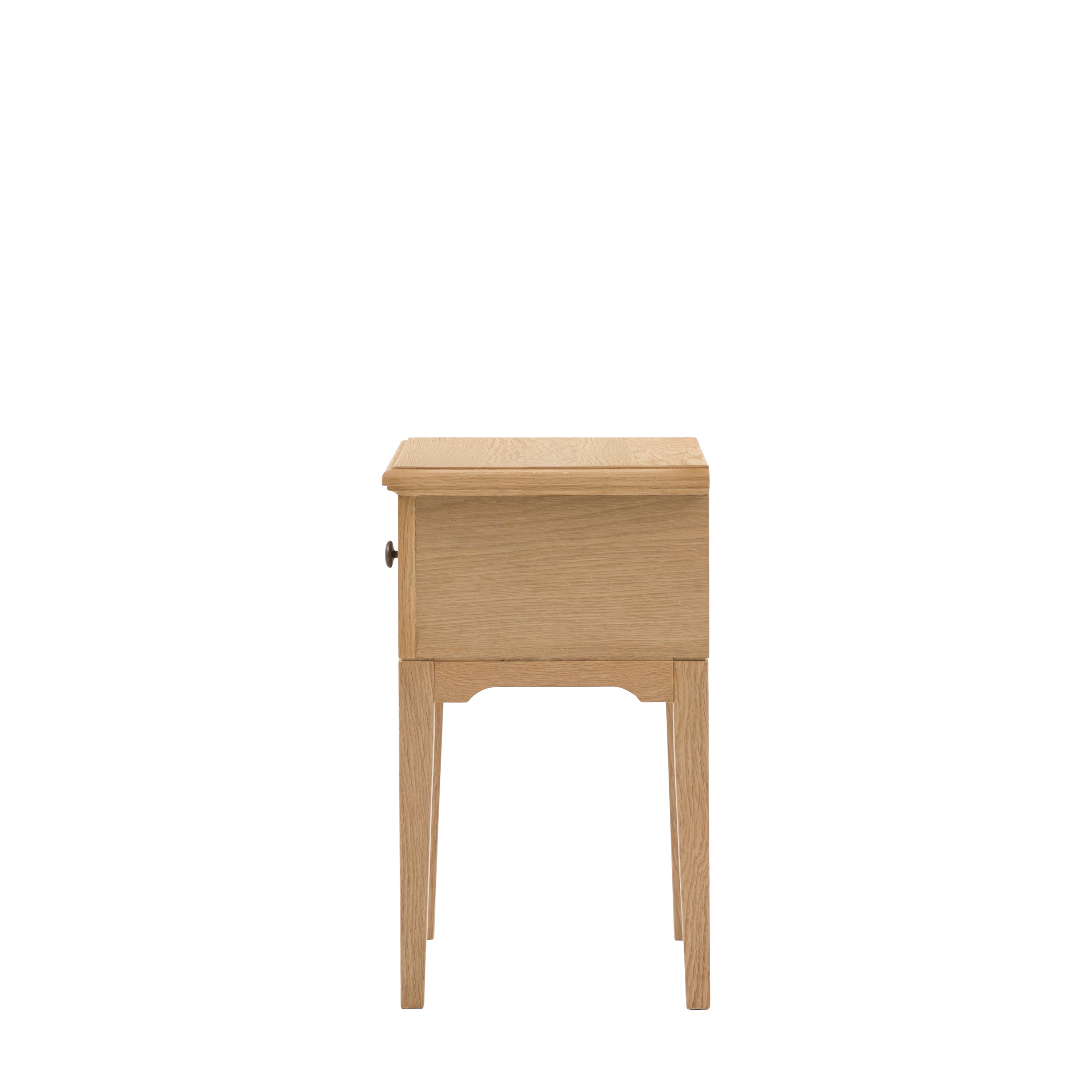 Wooden nightstand with a round drawer handle on a white background