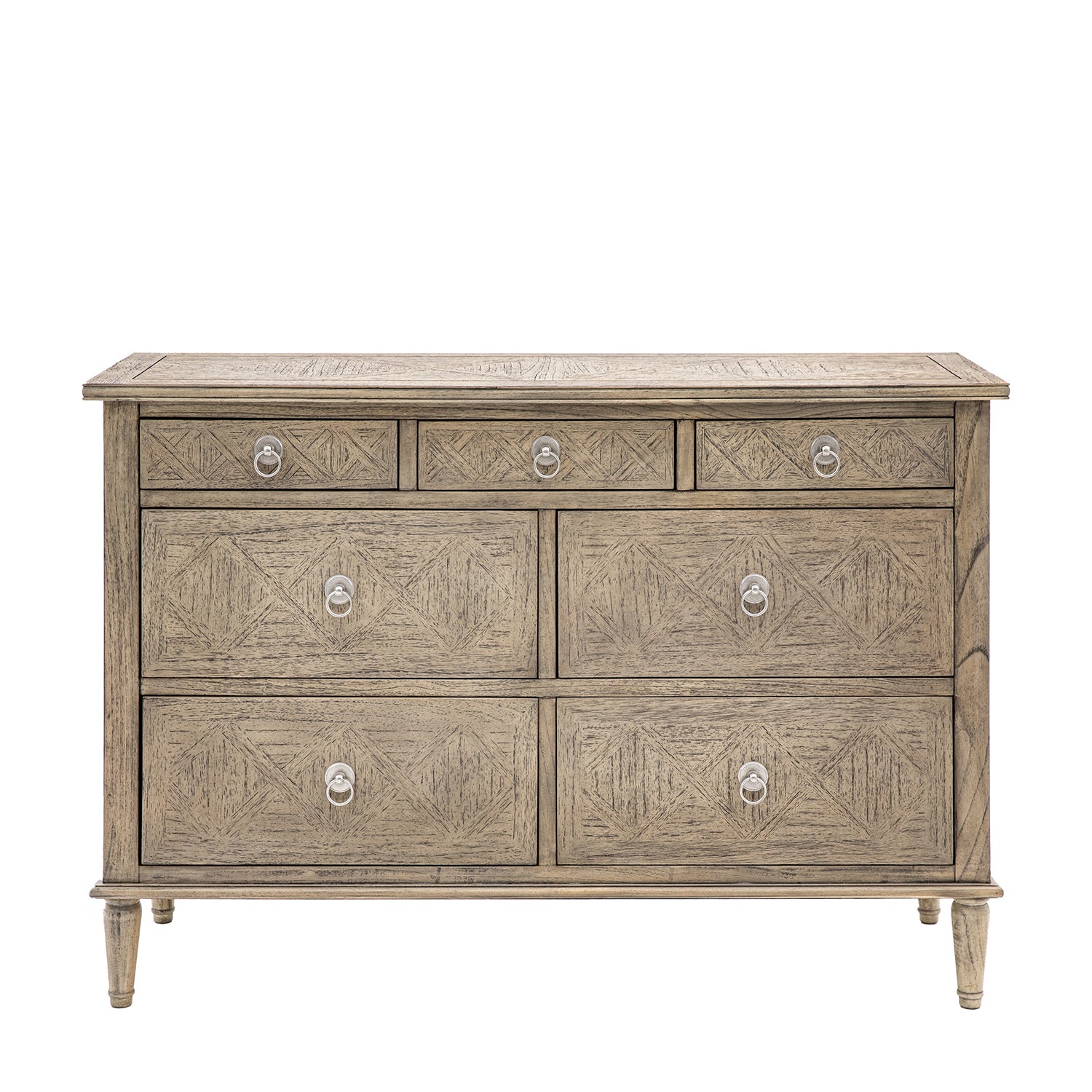 Front view of Faringdon Chest showing all seven drawers with brass handles, beautiful wood grain, and classic design that complements traditional bedroom d√©cor