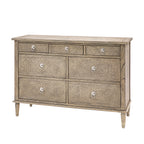 Faringdon 7 Drawer Chest with elegant parquet wood top design and turned feet, featuring three small drawers at the top and four larger drawers below